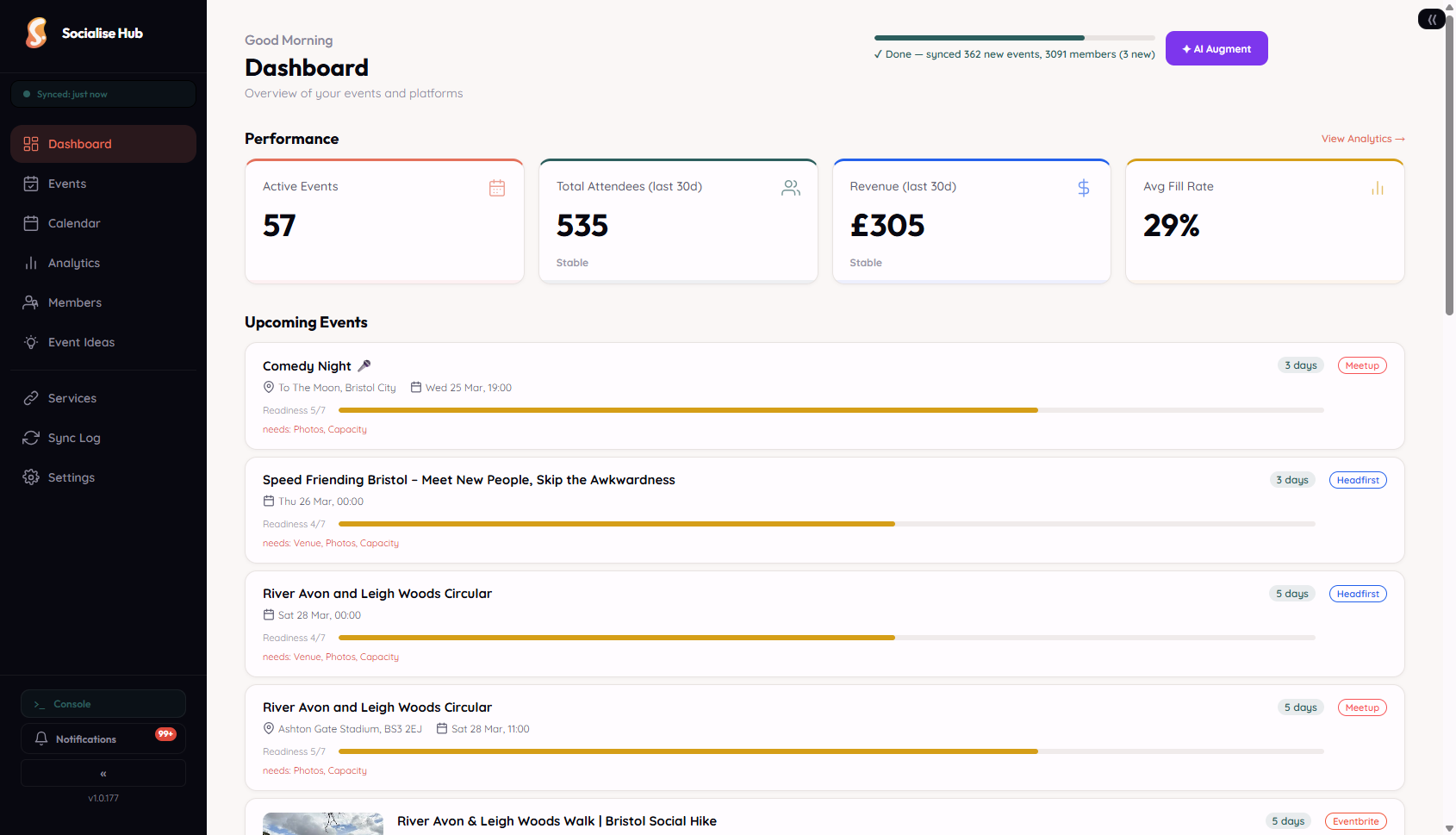 SocialiseHub main interface showing event management dashboard